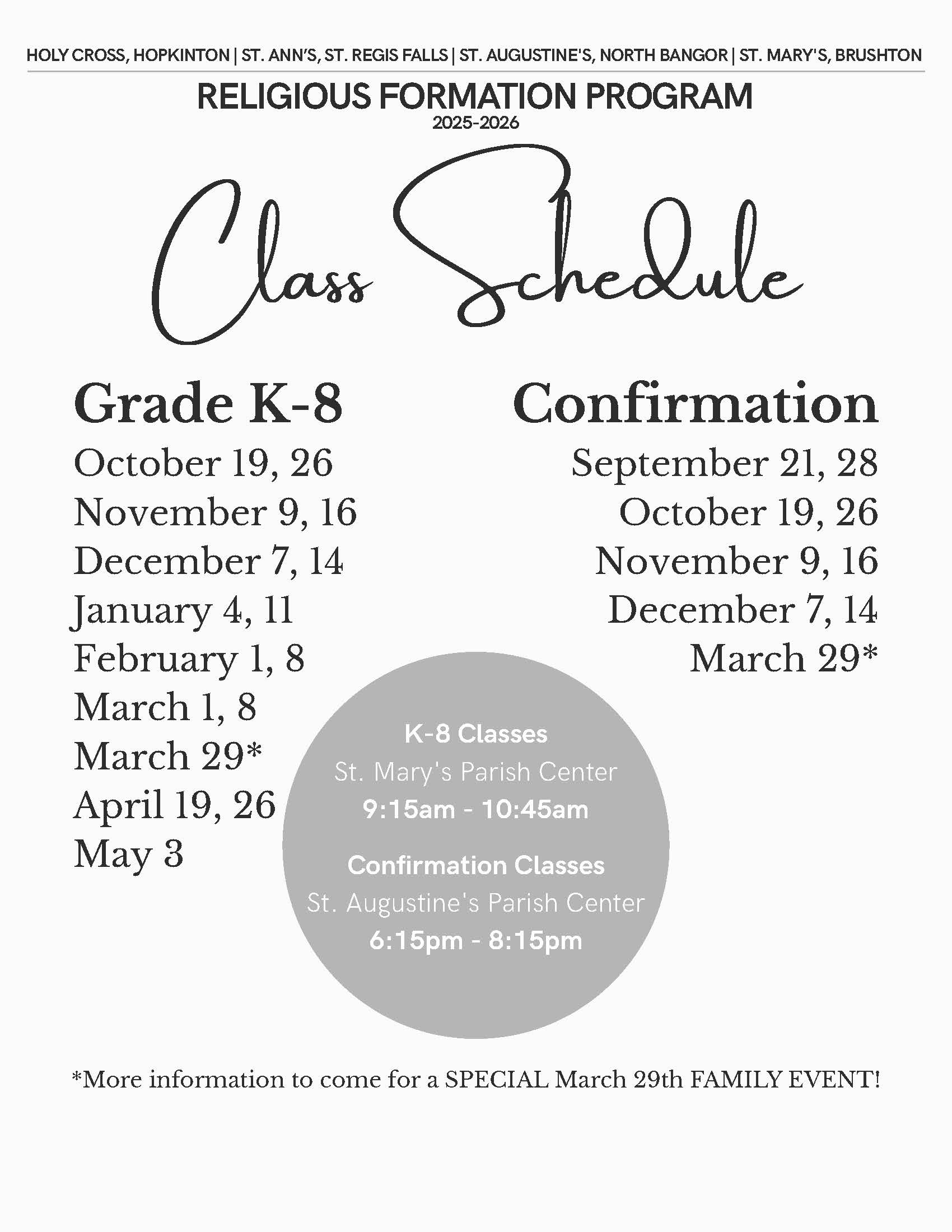 Religious Education class schedule, 2025-2026